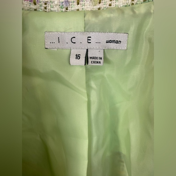 I C E Multicolor Tweed Green and Pink Fringe Blazer - Picture 3 of 8